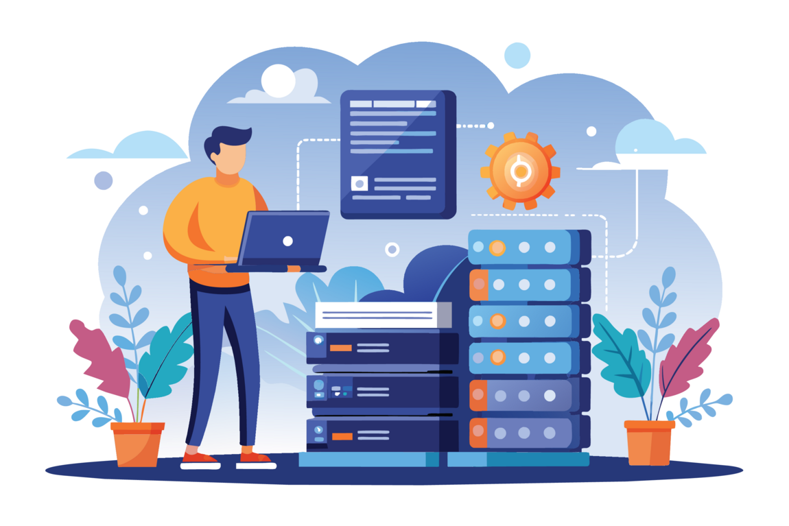 Illustration of a man working on a laptop beside server racks, representing PHPHoster shared hosting