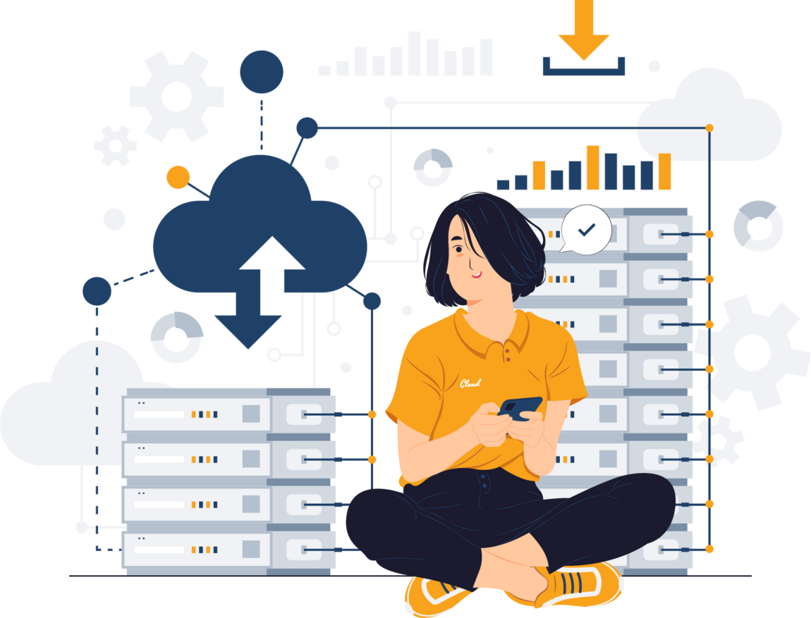 Illustration of a woman beside server racks with cloud upload and download, representing PHPHoster shared hosting in India
