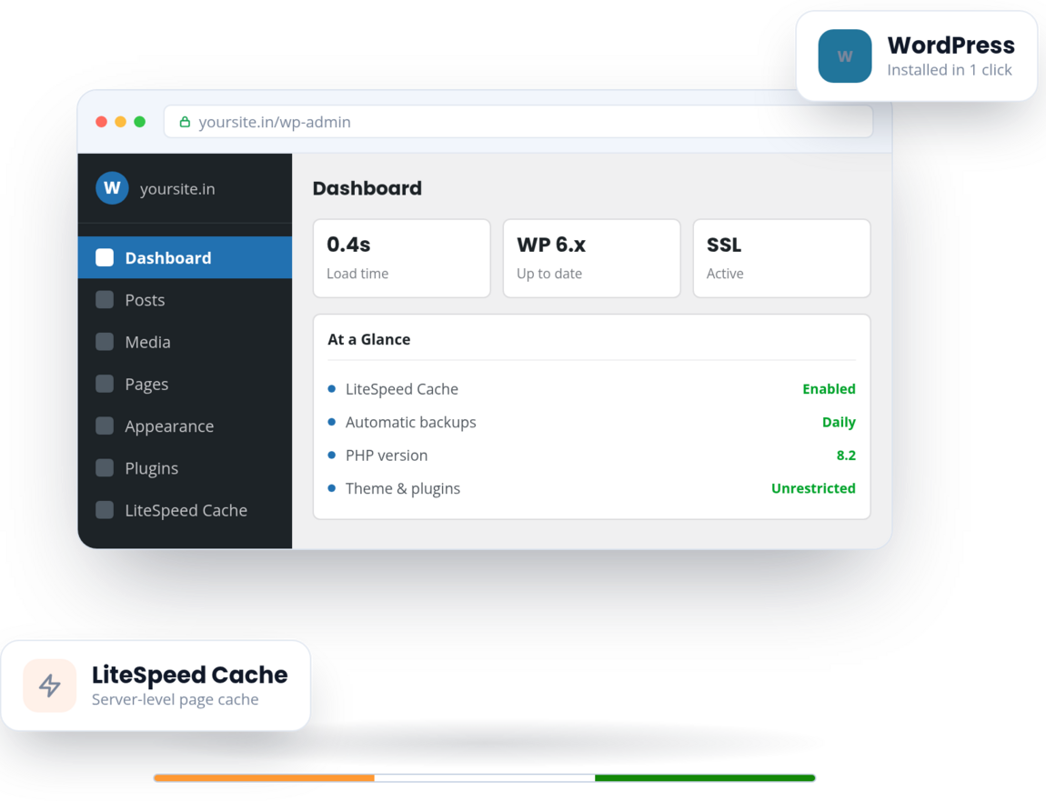 WordPress admin dashboard showing LiteSpeed Cache enabled, daily backups and PHP 8.2 on PHPHoster WordPress hosting